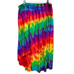 Dharma Trading Tie Dye Skirt L Rainbow High Low Maxi Rayon Hippie Boho Festival